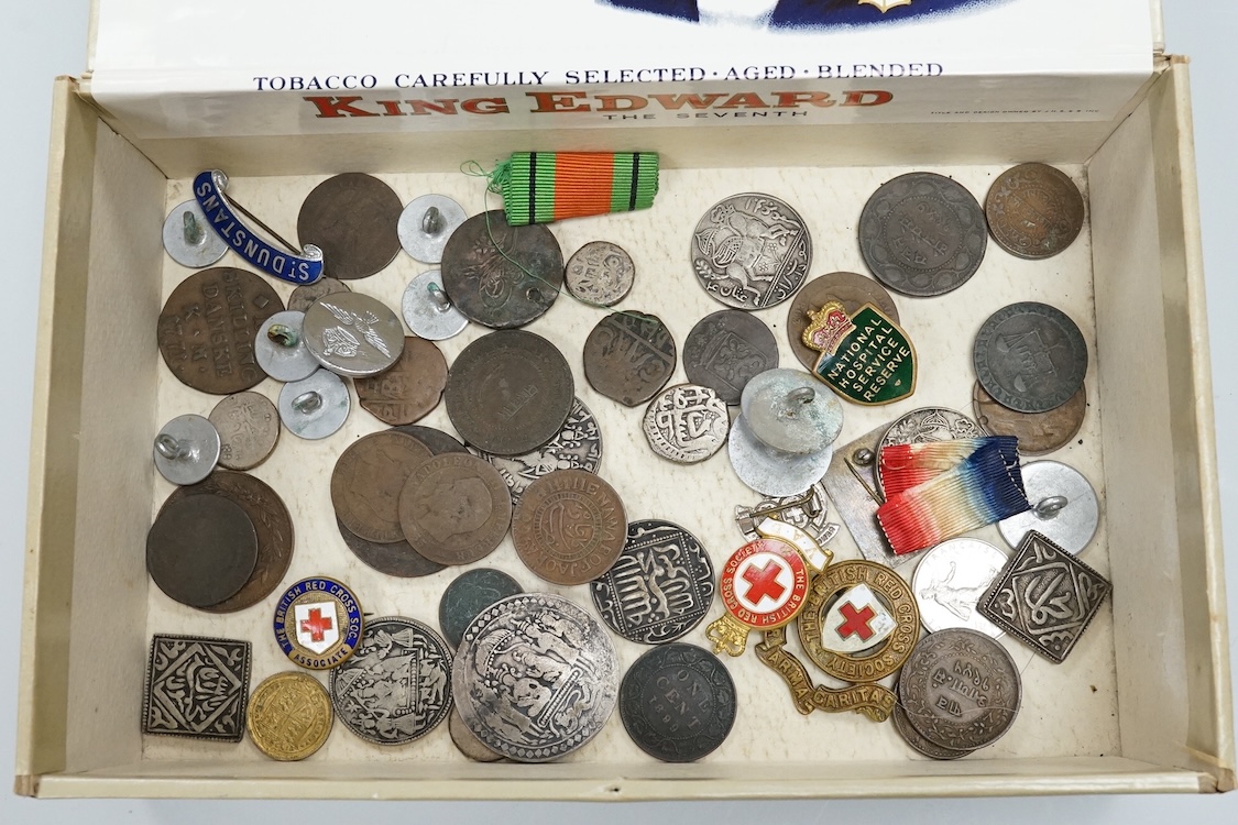 A First World War medal trio to Crl. J.E. Shelton R.E., together with a WWII 1939 to 1945 star, a British Red Cross long service medal, plus a few mainly Far Eastern and Indian coins, etc.